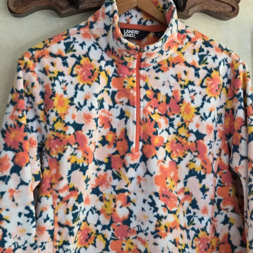 Lands End Womens Pullover 1/4 Zip Fleece Orange Floral Long Sleeve Cozy NWOT✨️L